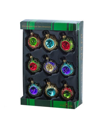 45MM Miniature Multicolored Glass Reflector Ornaments, 9-Piece Box
