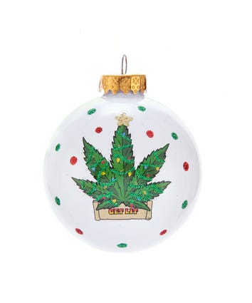 80MM White With Cannabis Design Glass Ball Ornament