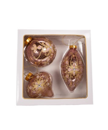 80MM Glass Pink Ball, Onion and Teardrop Shaped Ornaments, 3 Piece Box