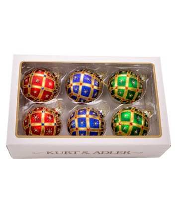 80MM Glass Red, Green & Blue Jewel Ball Ornaments, 6 Piece Box