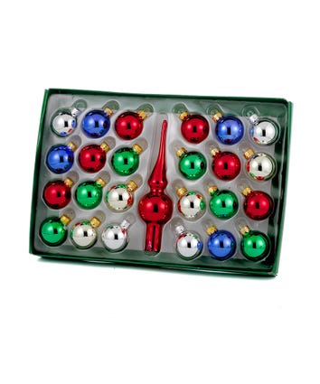 30MM Multicolored Glass Ornament and Treetop Set, 25-Piece Box