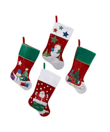 Velvet Santa/Snowman/Sleigh Stockings, 4 Assorted