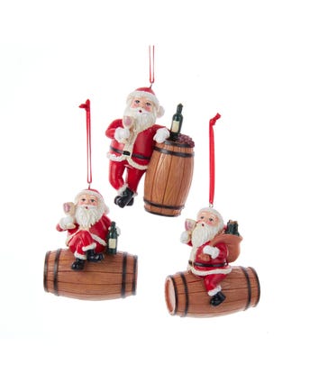 Wine Santa With Barrel Ornaments, 3 Assorted