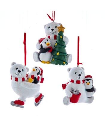 White Bear With Penguin Ornaments, 3 Assorted