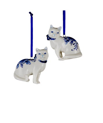 Delft Blue Cat Ornaments, 2 Assorted