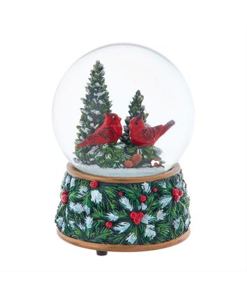 100MM Musical Wind-Up Christmas Tree With Cardinals Water Globe