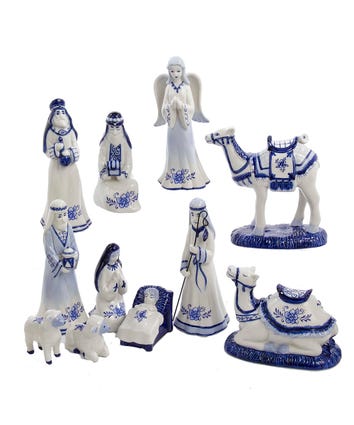 Porcelain Delft Nativity Set With 11 Pieces