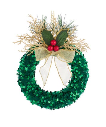 Green Sequined Wreath With Holly Ornament
