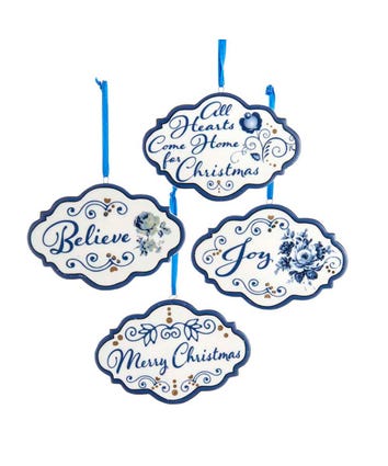 Blue and White Word Ornaments, 4 Assorted