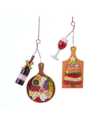 Charcuterie Board and Wine Ornaments, 2 Assorted