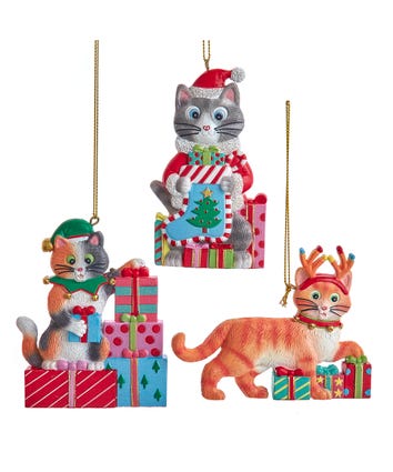 Cat With Gift Boxes Ornaments, 3 Assorted
