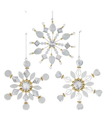 White and Gold Gem Snowflake Ornaments, 3 Assorted