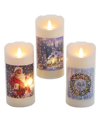 Battery-Operated Fiber-Optic LED Wax Candles, 3 Assorted
