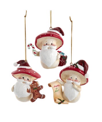 Mushroom Santa Ornaments, 3 Assorted