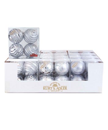 80MM Shatterproof Silver Design Ball Ornaments, 4-Piece Box, 3 Assorted Designs