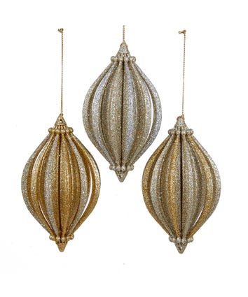 Gold and Platinum Glitter Finial Ornaments, 3 Assorted