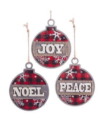 Wooden Plaid Ball With Wording Ornaments, 3 Assorted