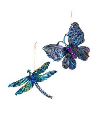 Peacock Inspired Dragonfly and Butterfly Ornaments, 2 Assorted
