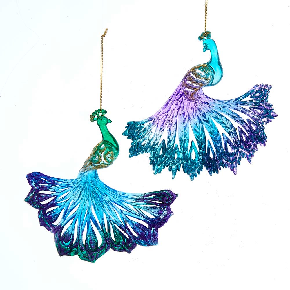 Kurt Adler Silver and Gold Peacock Ornaments 2 Assorted 