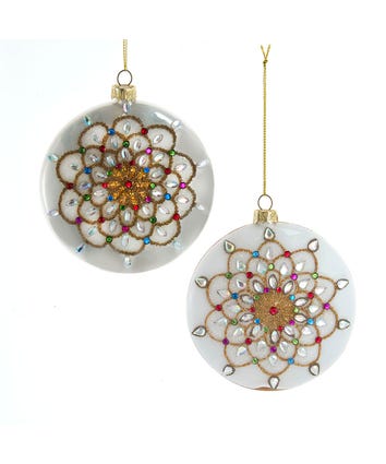 100MM Glass White and Gold Jeweled Disc Ornaments, 2  Assorted