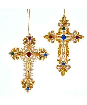 White and Gold Jeweled Cross Ornaments, 2 Assorted