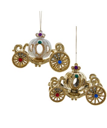 White and Gold Jeweled Carriage Ornaments, 2 Assorted