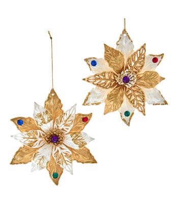 White and Gold Jeweled Poinsettia Ornaments, 2 Assorted