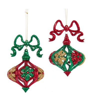 Red, Green and Gold Glittered Onion Shaped Ornaments, 2 Assorted