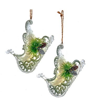 Clear, Ivory and Sage Sled With Pinecone Ornaments, 2 Assorted