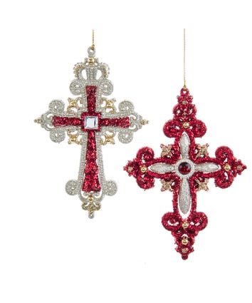 Regal Red and Platinum Cross With Stones Ornaments, 2 Assorted