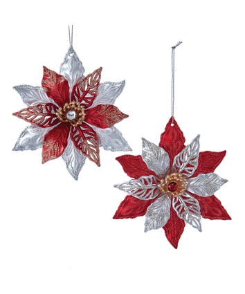 Regal Red and Platinum Poinsettia Ornaments, 2 Assorted