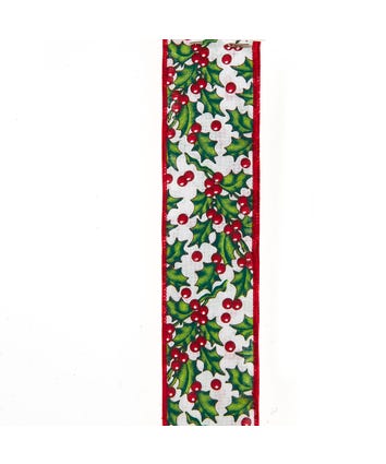 White With Holly Berries Double Wire Ribbon