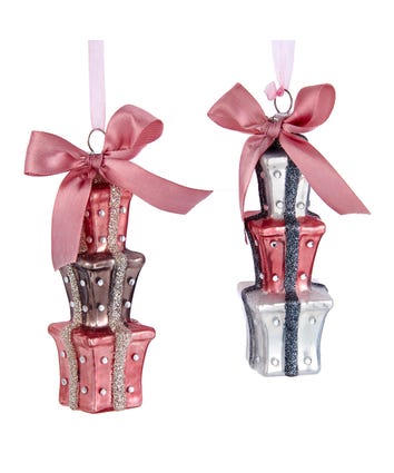 Glass Pink & Pewter Gift Box With Bow Ornaments
