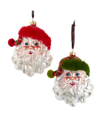 Glass Red & Green Plaid Santa Head Ornaments, 2 Assorted