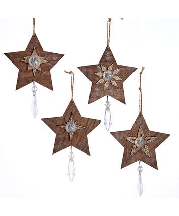 Rustic Glam Wooden Star With Dangle Ornaments, 4 Assorted
