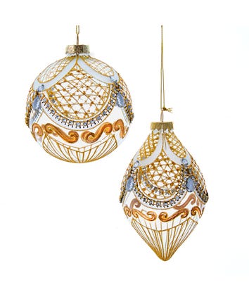 90-100MM Glass Patterned Transparent With Rhinestone Ball and Finial Ornaments, 2 Assorted