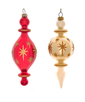 Glass Cranberry and Ivory Star Finial Ornaments, 2 Assorted