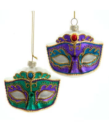 Glass Purple & Green Peacock Inspired Mask Ornaments, 2 Assorted