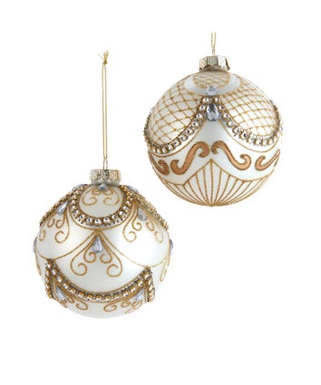 100MM Glass Ivory and Gold Patterned Ball Ornaments, 2 Assorted