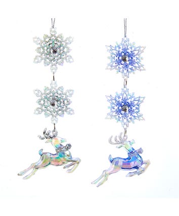 Lavender Blue & Iridescent Clear Snowflake With Deer Dangle Ornaments, 2 Assorted