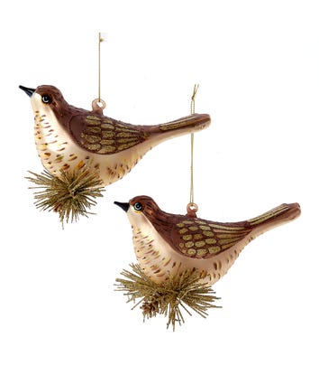 Glass Brown & Gold Bird With Twigs Ornaments, 2 Assorted