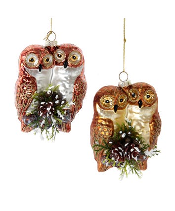 Glass Owl Couple With Pinecone Ornaments, 2 Assorted