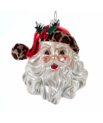 Glass Santa Head With Leopard Print Trim Ornament