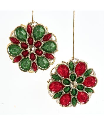 Red & Green Glittered Flower Ornaments, 2 Assorted