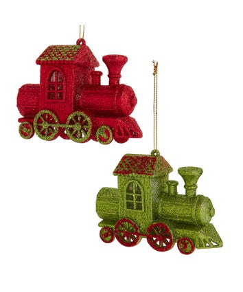 Red & Apple Green Glittered Train Ornaments, 2 Assorted