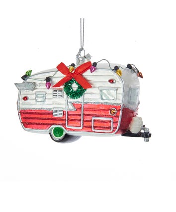 Red and White Camping Car Glass Ornament