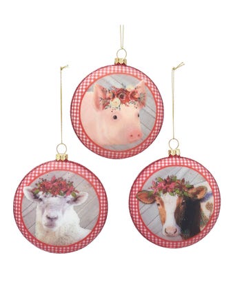 Farmhouse Animal Glass Disc Ornaments, 3 Assorted