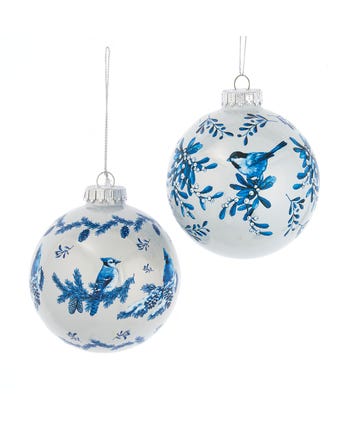100MM Blue and White Bird Ball Ornaments, 2 Assorted