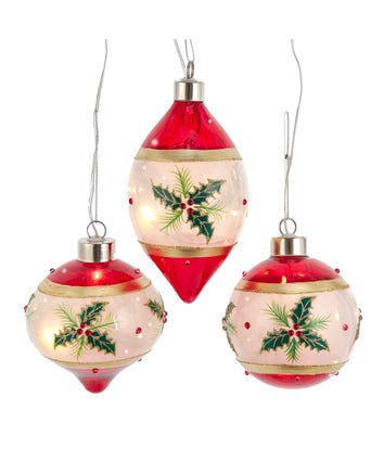 90MM Glass USB Warm White LED Fairy Light Holly Leaves Bal, Onion & Finial Ornaments, 3 Assorted