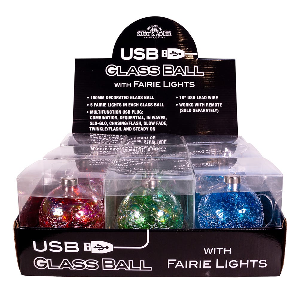 KurtAdler - Kurtadler - 100MM USB Lighted Glass Ball Ornaments, 3 Assorted